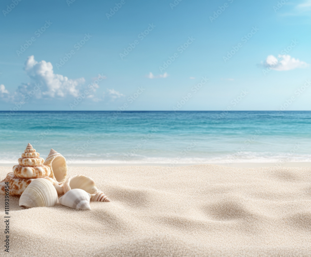 serene beach scene featuring seashells on soft sand, with calm ocean in background. bright sky and gentle waves create peaceful atmosphere serene beach scene featuring seashells on soft sand, with calm ocean in background. bright sky and gentle waves create peaceful atmosphere
