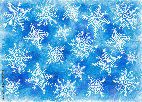 White snowflakes of different shapes and sizes. Background filled with texture drawn with colored pencils. Different shades blue colors. Snowflakes consist of lines and geometric shapes. Winter season photo