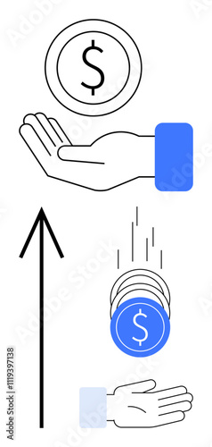 Hand reaching out to catch descending coins, each with a dollar sign. An upward arrow implies financial growth, savings, or investment. Ideal for finance, investments, savings, dividends economic