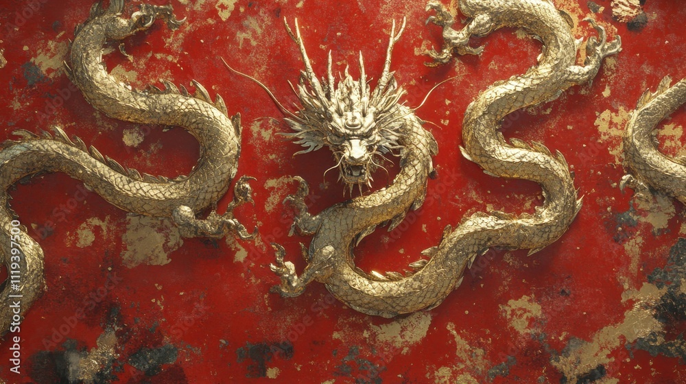 Detailed golden dragon design on a radiant red and gold backdrop for themes of abundance and power. Detailed golden dragon design on a radiant red and gold backdrop for themes of abundance and power.