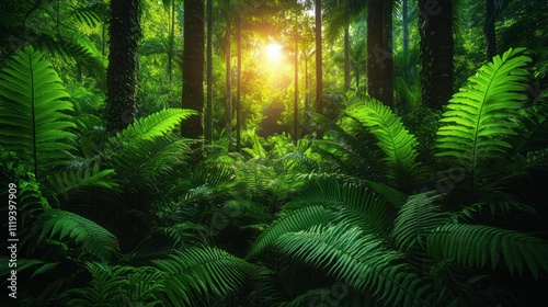 Lush green jungle scene with sunlight breaking through canopy.