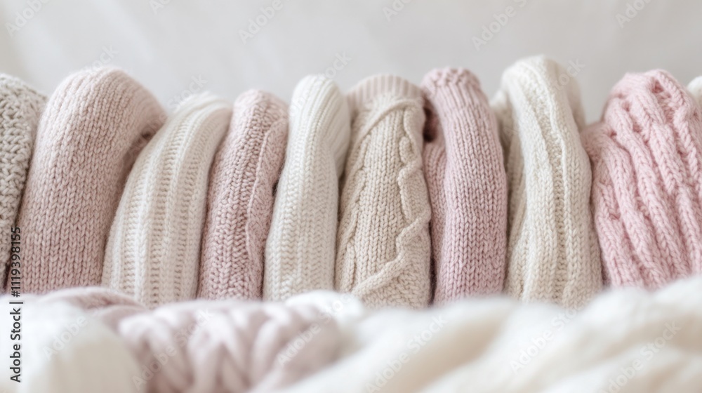 Cozy knitwear collection displaying soft pastel sweaters in neutral beige and pink tones Cozy knitwear collection displaying soft pastel sweaters in neutral beige and pink tones