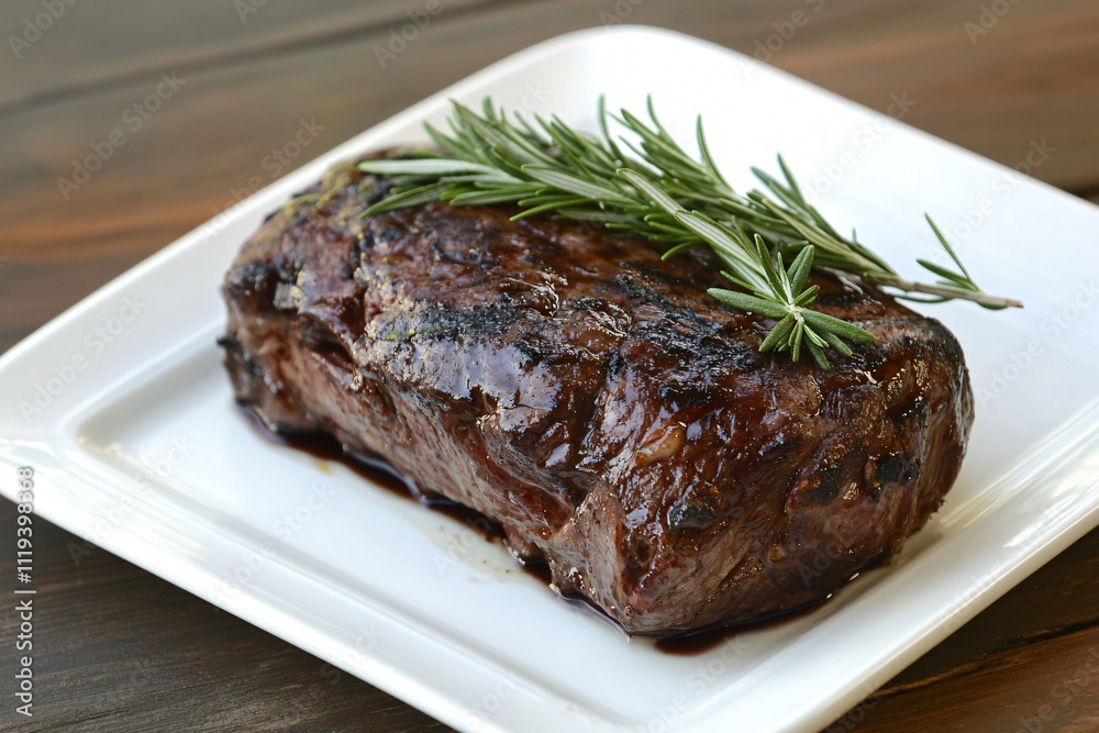 Grilled Meat with Fresh Rosemary on a White Plate with Dark Wood Grilled Meat with Fresh Rosemary on a White Plate with Dark Wood