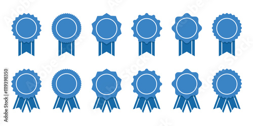 Blue ribbon and banner. Medal set with ribbon. Achievement label. Winner Prize. Vector seal collection in flat style