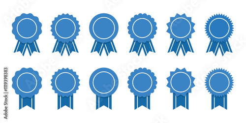 Medal set with ribbon. Blue ribbon and banner. Achievement label. Winner Prize. Set of premium quality and guarantee labels