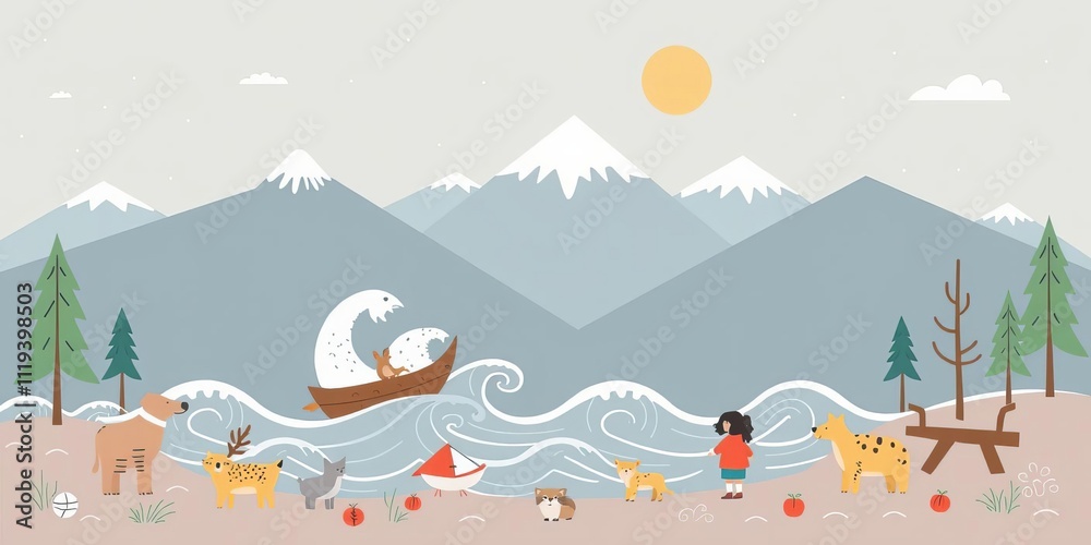 Naklejka premium Mountains and waves in a Scandinavian style illustration with playful animals and trees, vector, waves