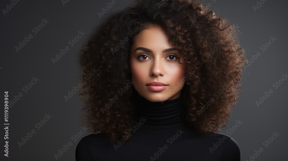 A woman with voluminous curly hair wearing a black turtleneck, embodying timeless beauty and poise in a minimalist portrait. A woman with voluminous curly hair wearing a black turtleneck, embodying timeless beauty and poise in a minimalist portrait.