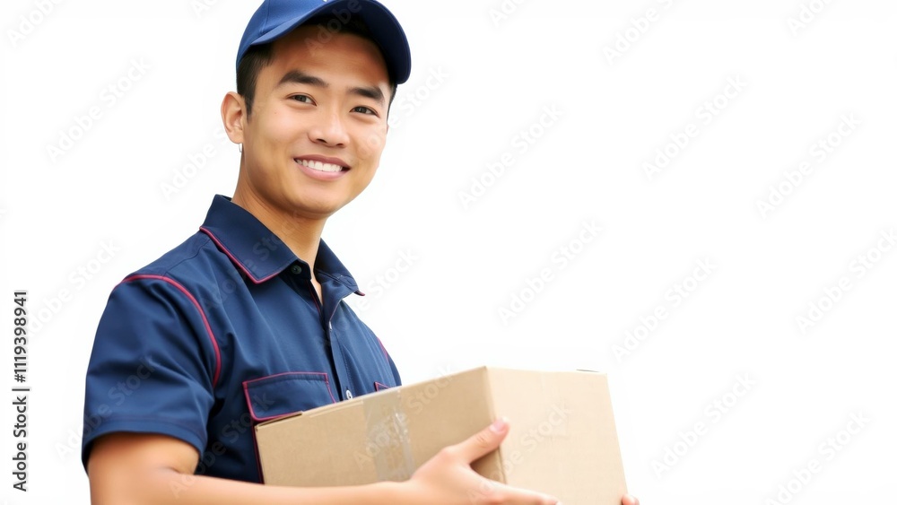 Professional Delivery Man Holding Package - Ideal for Logistics, Shipping, and Delivery Services Professional Delivery Man Holding Package - Ideal for Logistics, Shipping, and Delivery Services