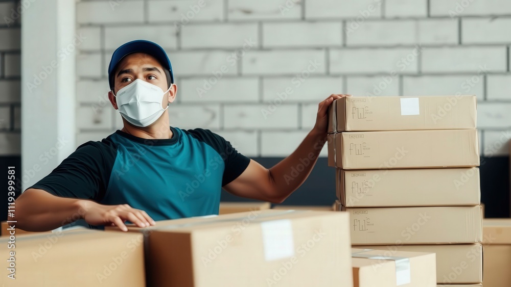 Efficient Warehouse Worker in Protective Mask Handling Boxes - Ideal for Logistics, Safety, and Delivery Services Efficient Warehouse Worker in Protective Mask Handling Boxes - Ideal for Logistics, Safety, and Delivery Services