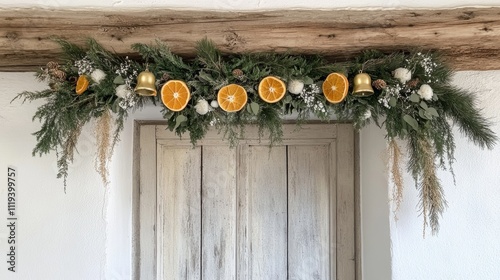 Rustic holiday garland with dried oranges and golden bells on weathered wood frame photo