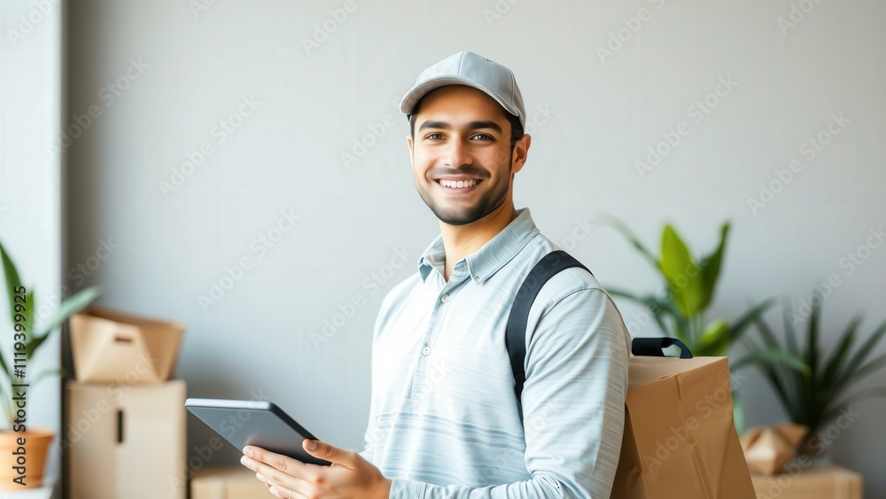 Smiling Delivery Man with Tablet and Packages, Perfect for Logistics and E-commerce Marketing Smiling Delivery Man with Tablet and Packages, Perfect for Logistics and E-commerce Marketing