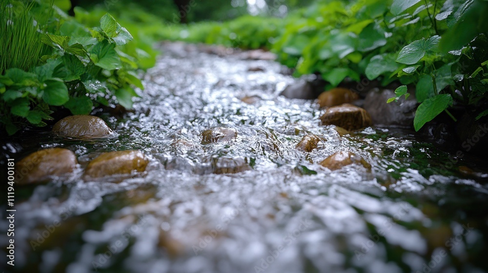 Fototapeta premium Lush greenery frames a shallow stream flowing over smooth stones.