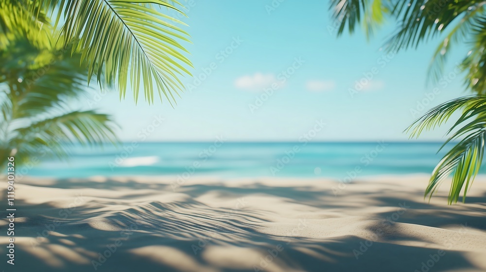 A vibrant summer-themed background featuring a clean, pristine sandy beach. The composition includes soft shadows of swaying palm leaves cast over the sand. A vibrant summer-themed background featuring a clean, pristine sandy beach. The composition includes soft shadows of swaying palm leaves cast over the sand.