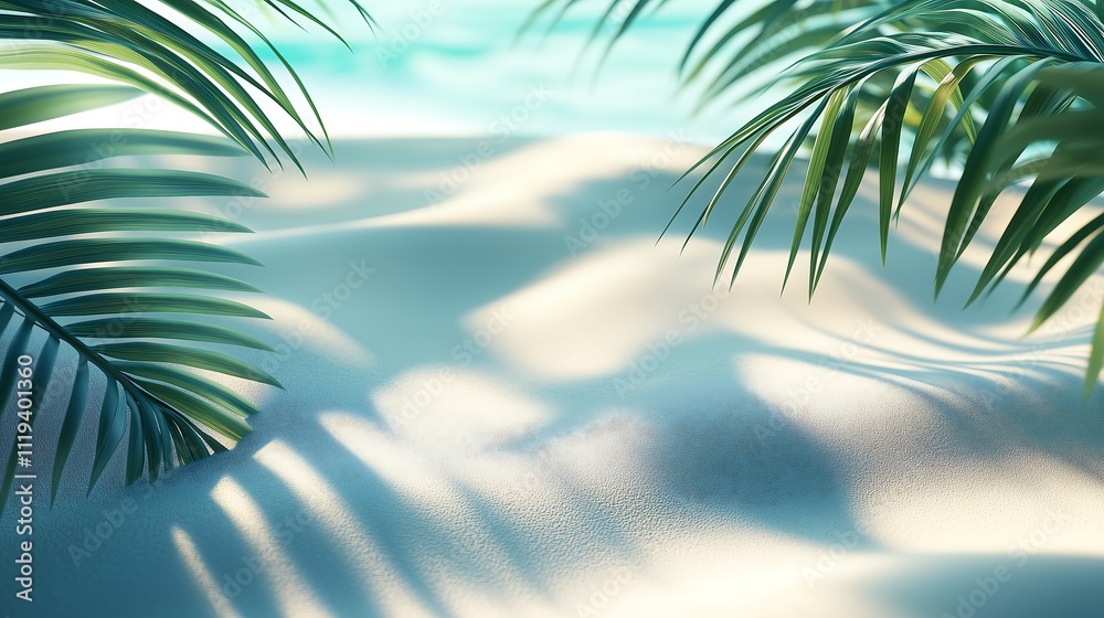Fototapeta premium A vibrant summer-themed background featuring a clean, pristine sandy beach. The composition includes soft shadows of swaying palm leaves cast over the sand.