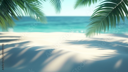 A vibrant summer-themed background featuring a clean, pristine sandy beach. The composition includes soft shadows of swaying palm leaves cast over the sand.