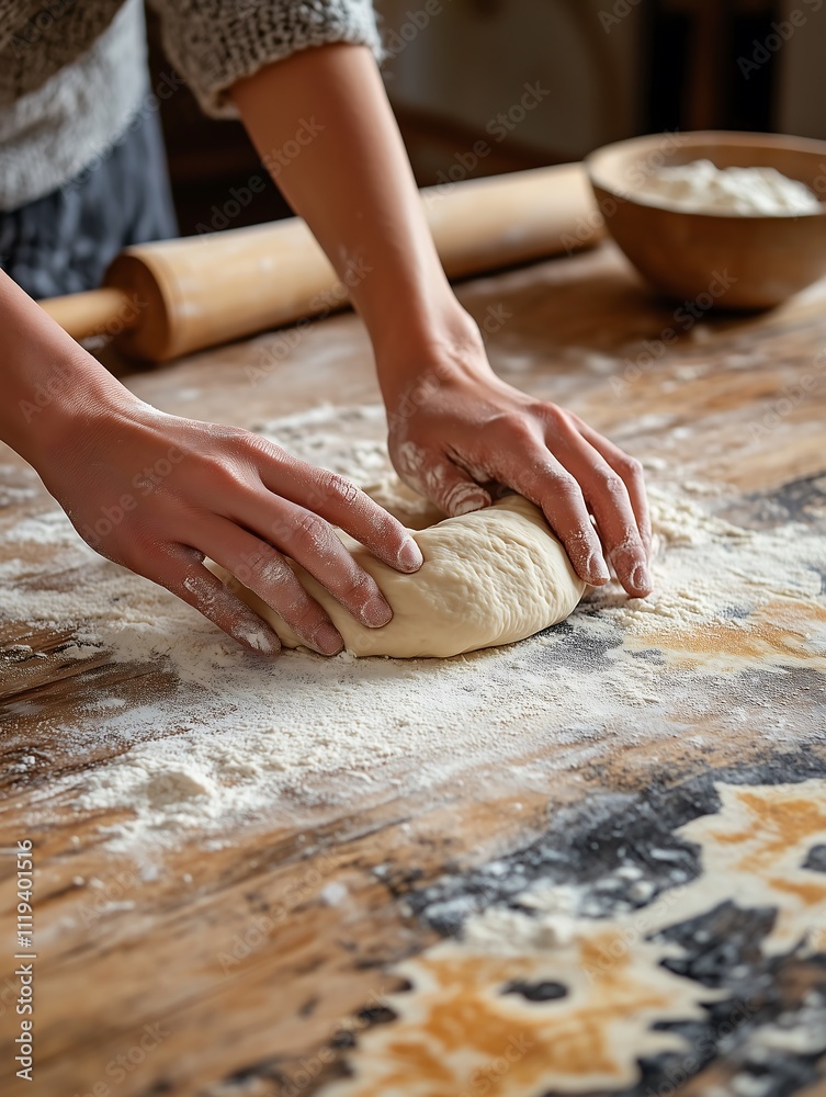 A detailed close-up of hands kneading dough on a wooden table. The focus is on the hands and the dough, showing the texture of the flour and the smooth wooden surface beneath. A detailed close-up of hands kneading dough on a wooden table. The focus is on the hands and the dough, showing the texture of the flour and the smooth wooden surface beneath.