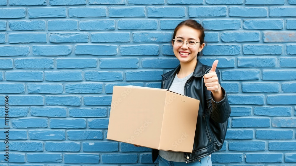 Happy Woman Holding Box, Giving Thumbs Up Against Blue Brick Wall - Perfect for E-commerce, Delivery, and Positive Feedback Themes Happy Woman Holding Box, Giving Thumbs Up Against Blue Brick Wall - Perfect for E-commerce, Delivery, and Positive Feedback Themes