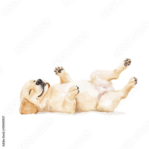 Golden Retriever Watercolor: A playful golden retriever puppy, painted in watercolor, lies on its back, belly up, with its paws in the air, radiating pure canine joy and innocence.