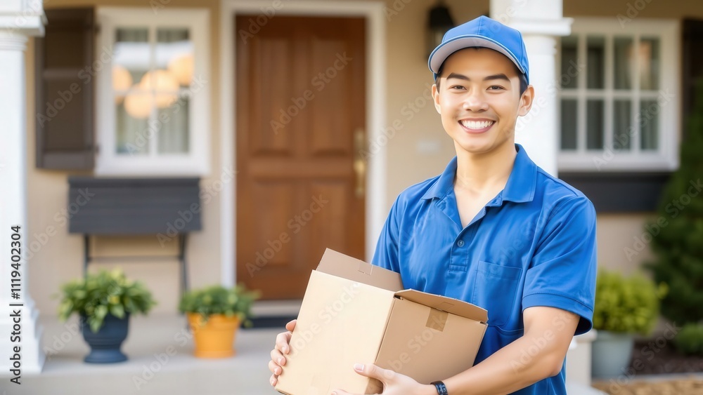 Smiling Delivery Man Holding Package at House Entrance, Perfect for Logistics, Delivery, and Customer Service Marketing Smiling Delivery Man Holding Package at House Entrance, Perfect for Logistics, Delivery, and Customer Service Marketing
