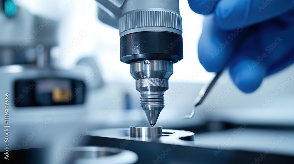 A close-up of a hand in a blue glove operating a precision tool on a metallic surface, showcasing intricate scientific work in a laboratory setting. A close-up of a hand in a blue glove operating a precision tool on a metallic surface, showcasing intricate scientific work in a laboratory setting.