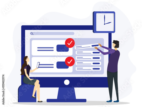Team office make business plan concept. Young woman sitting on chair and looking a man who is compiling a task list on dashboard. Project planning, time work, teamwork. Flat vector illustration. 