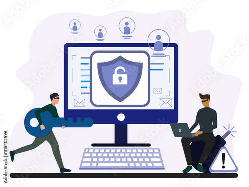 Hacking personal account concept. Man hacker bring the key and another man using laptop to open acces computer with phishing method. Cyber crime, cyber attack, cyber security. Flat vector illustration
