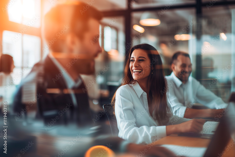 Blurred happy business people in an office engage in a lively, brainstorming meeting, discussing project management for their company Blurred happy business people in an office engage in a lively, brainstorming meeting, discussing project management for their company