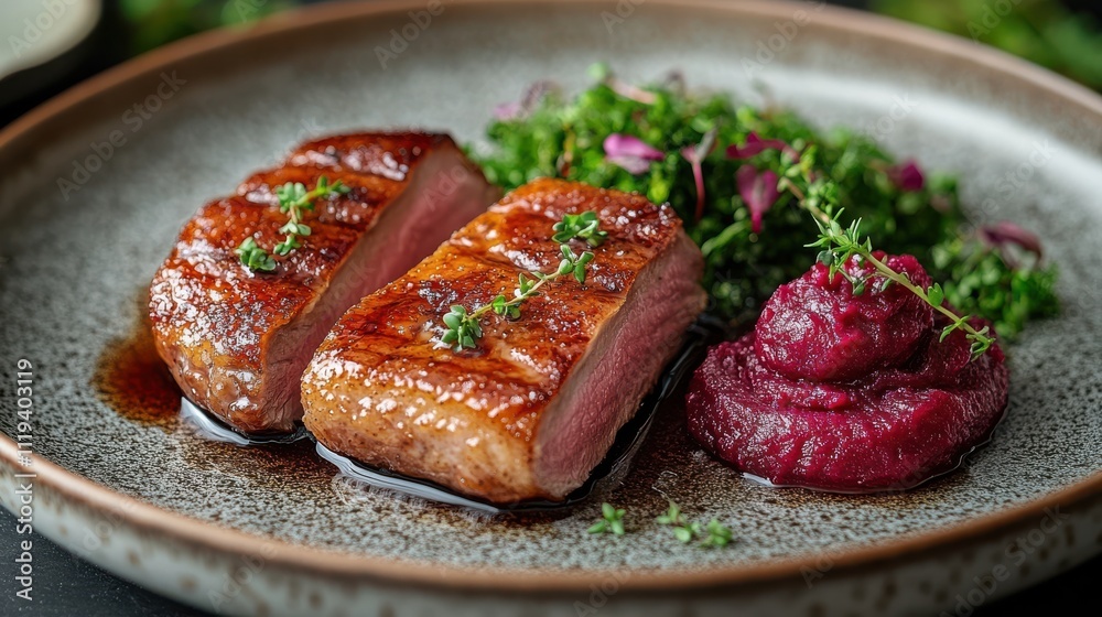 A gourmet plate with succulent roasted duck, vibrant beet puree, and a garnish of fresh herbs offers a delightful culinary experience. A gourmet plate with succulent roasted duck, vibrant beet puree, and a garnish of fresh herbs offers a delightful culinary experience.