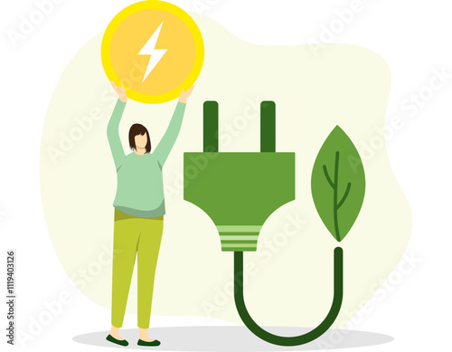 Woman hold electricity symbol near with green plug. Sustainability illustration. Sustainable clean, renewable energy sources and green electricity