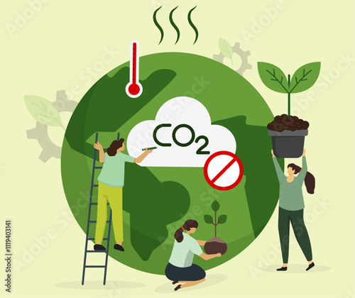 Protection environment and ecology concept. People care to save earth warning about CO2 emission, reforestation of trees, sustainable environmental management. Trendy flat vector illustration. 
