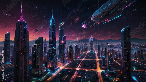  A futuristic cityscape illuminated by neon lights, with flying vehicles zipping through skyscrapers and a glowing holographic skyline under a starry night sky photo