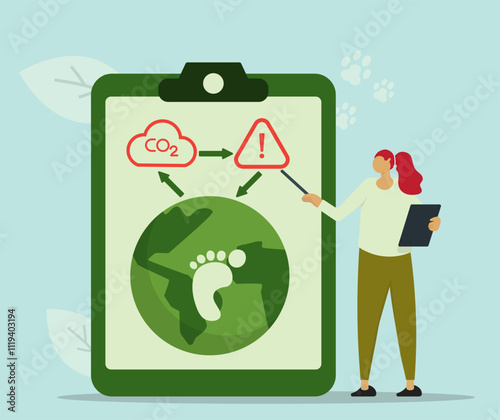 Woman explain about dangerous co2 emission and it impact to life on earth. Green energy, save earth, eco green. Trendy flat vector illustration. 