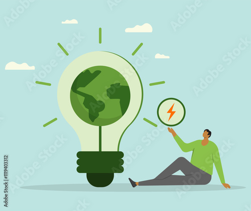 Giant light bulb symbol of globe and clean energy. Man holding electric energy symbol. Earth day, save energy, earth hour and environmental protection. Flat vector illustration. 