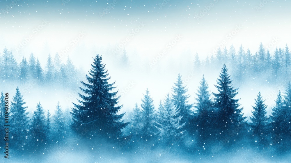 Naklejka premium A serene winter landscape with snow-covered trees and a misty atmosphere.