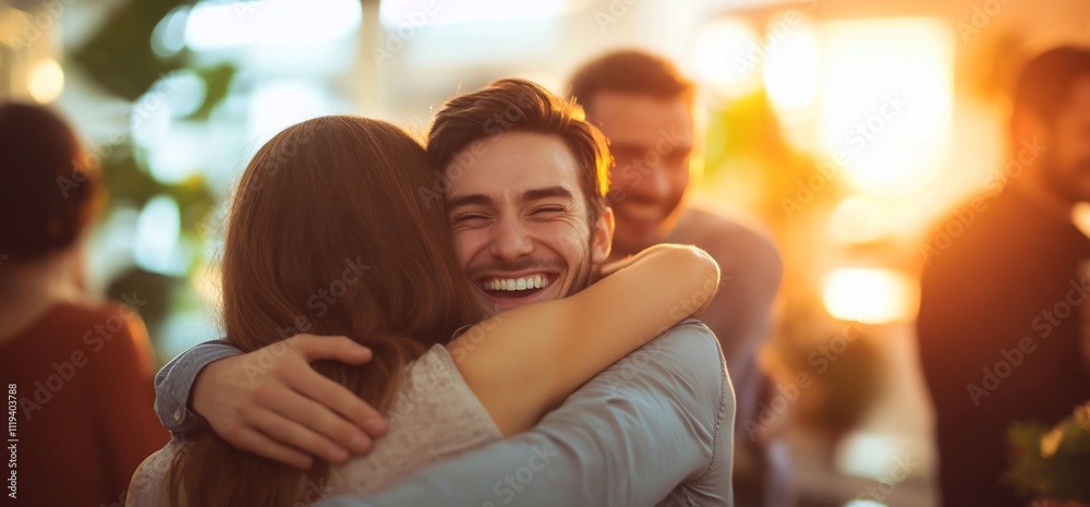 Happy couple embracing warmly amidst friends. Happy couple embracing warmly amidst friends.