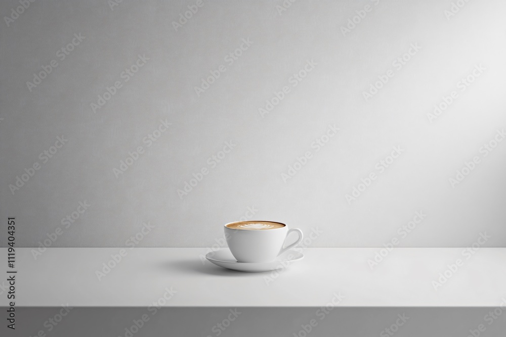 Minimalistic White Cup of Coffee on Clean Surface with Gray Background Minimalistic White Cup of Coffee on Clean Surface with Gray Background