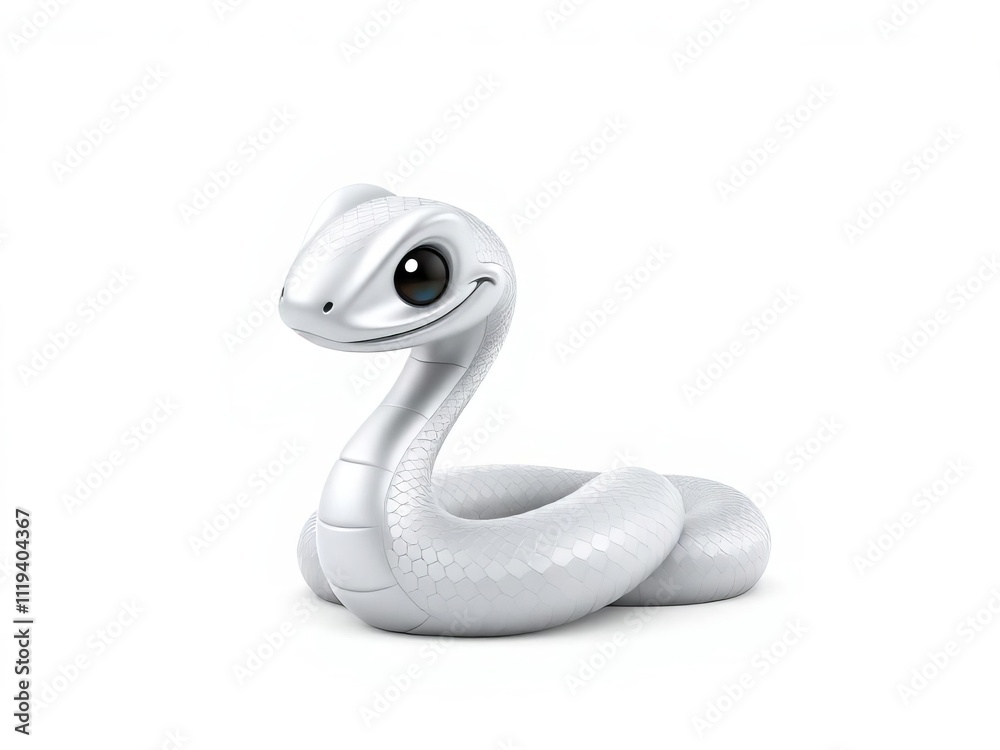 Fototapeta premium A silver colored snake with a black head is sitting on a white background