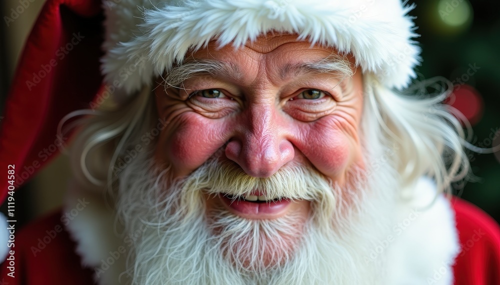 Close-up of Santa Claus' Face with a Warm Smile and His Signature Red Hat. Close-up of Santa Claus' Face with a Warm Smile and His Signature Red Hat.