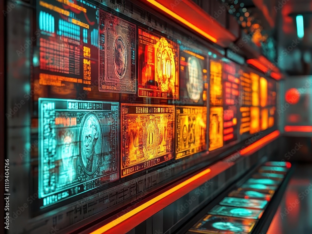 A futuristic bank displaying holographic currencies from around the world, dramatic cinematic tones A futuristic bank displaying holographic currencies from around the world, dramatic cinematic tones