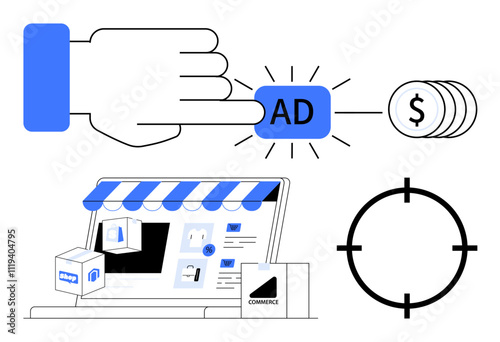 Hand pressing AD button, computer screen with e-commerce storefront, target icon, and currency coins. Ideal for digital marketing, online advertising, e-commerce, business strategy, revenue