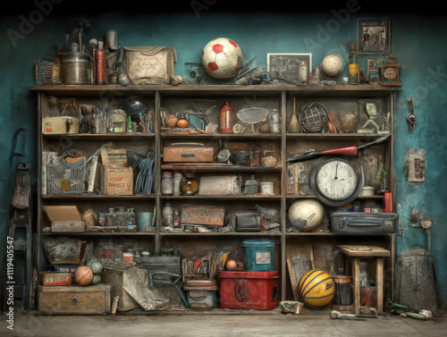A cluttered shelf filled with interesting vintage items and tools.