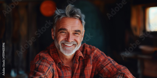 Portrait of a handsome old mature man in red plaid shirt smiling with perfectly white teeth, home house interior background photo