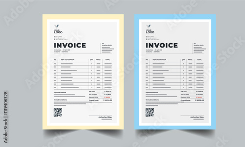 Business invoice template. Money bills, Price invoices, Tax form, Payment agreement, Bill or Payment receipt page layout design with 2 page color full concept design