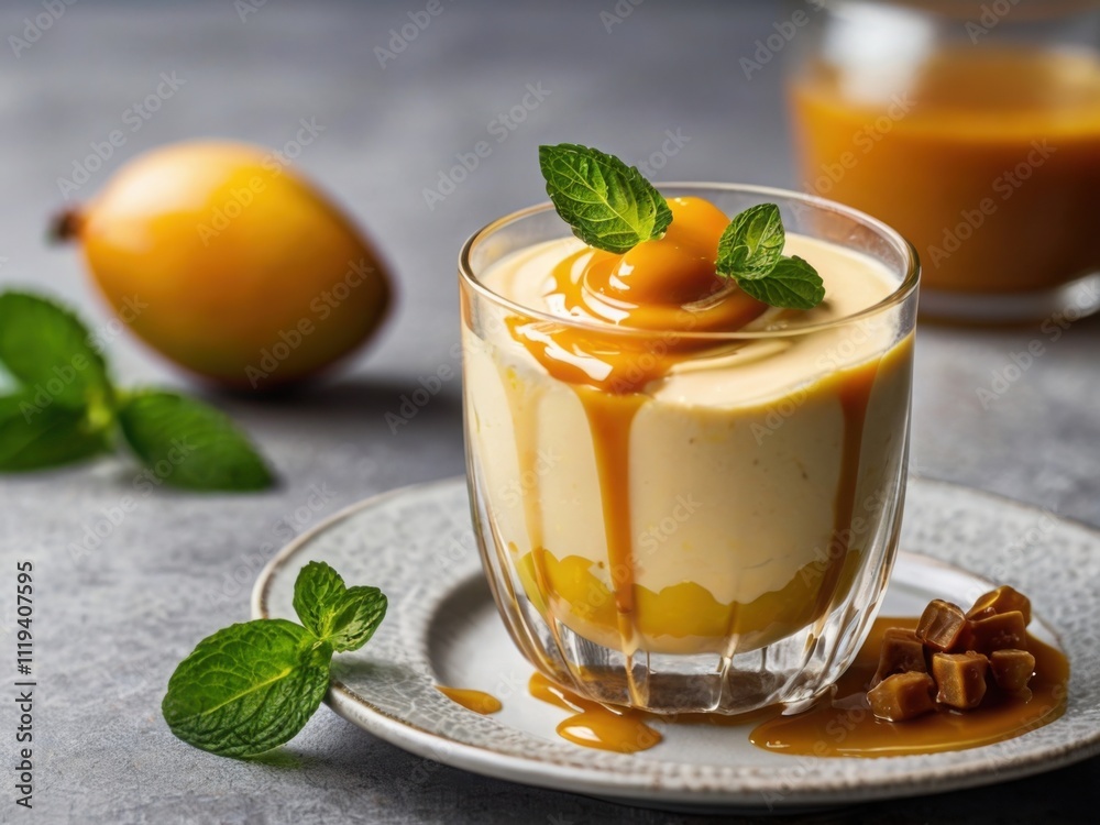 Refreshing mango mousse in a glass, topped with mint and caramel drizzle. Refreshing mango mousse in a glass, topped with mint and caramel drizzle.