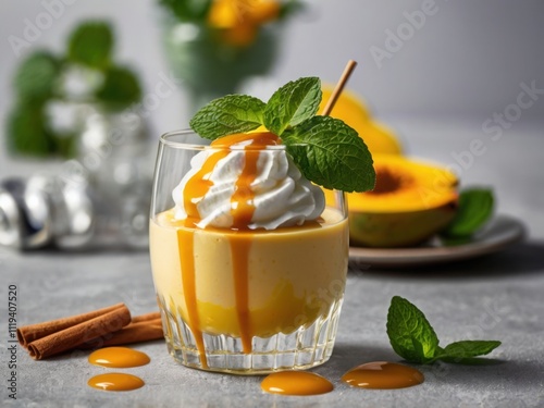 A glass of mango mousse garnished with ice cream, fresh mint and a drizzle of mango jam.