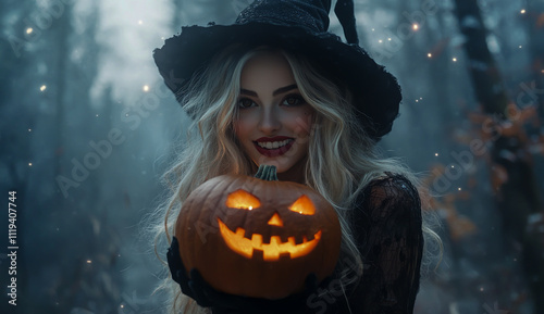 A beautiful witch, smiling and holding up an orange, glowing jack-o'-lantern in a foggy forest. photo