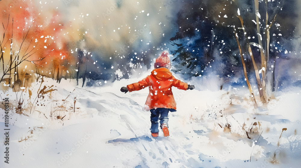 冬の雪景色|赤いコートの子供が駆ける美しい冬の森 冬の雪景色|赤いコートの子供が駆ける美しい冬の森