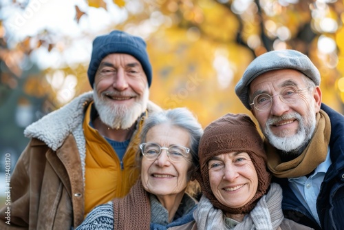 Portrait of a happy senior couple with their family in autumn park