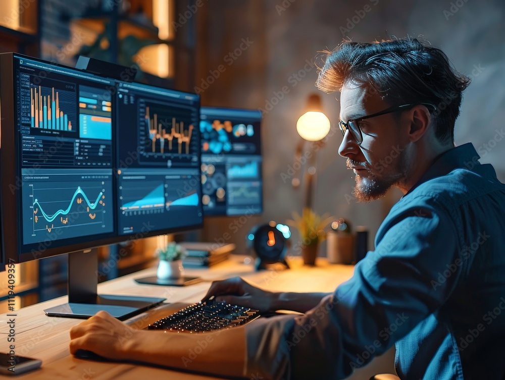 Focused Man Analyzing Data on Multiple Monitors Focused Man Analyzing Data on Multiple Monitors