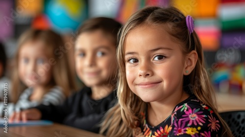 Young children in a bright classroom engaged in learning and smiling together during a fun activity